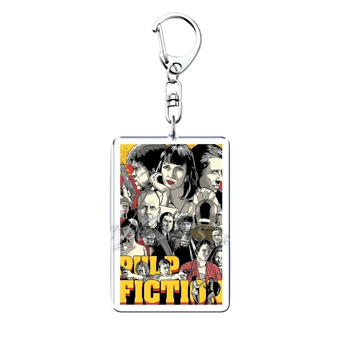 Rectangular acrylic movie poster keychain featuring colorful pulp fiction illustration with yellow lettering and black-and-white portraits