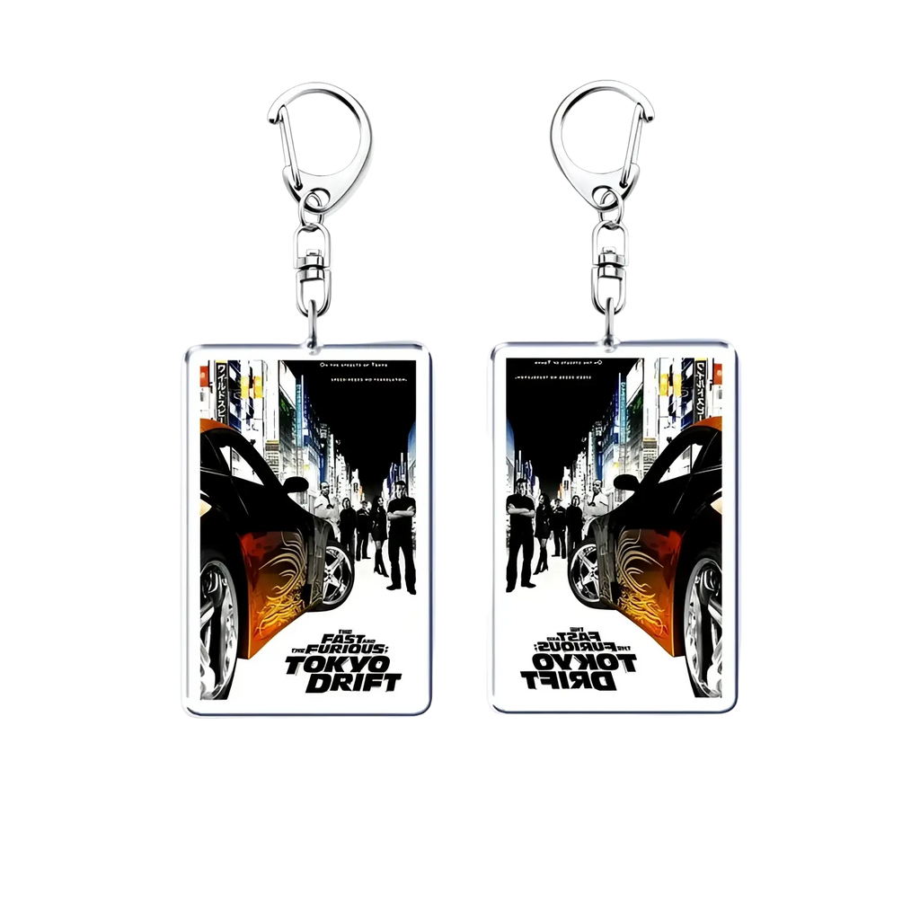 Rectangular acrylic keychain featuring the fast and the furious tokyo drift movie poster with black cars and orange flames