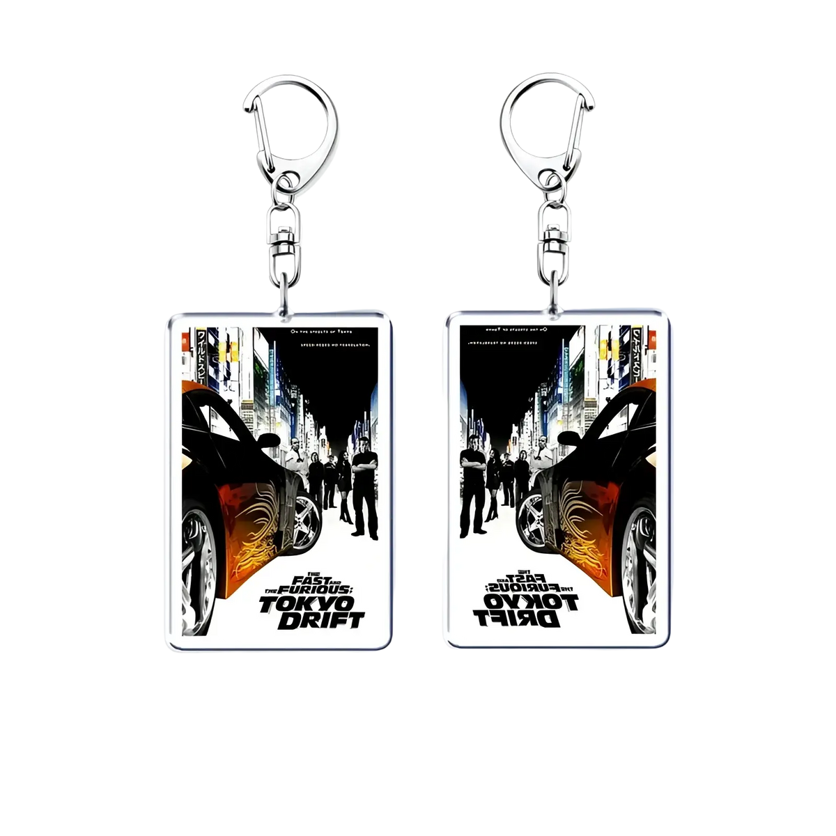 Rectangular acrylic keychain featuring the fast and the furious tokyo drift movie poster with black cars and orange flames