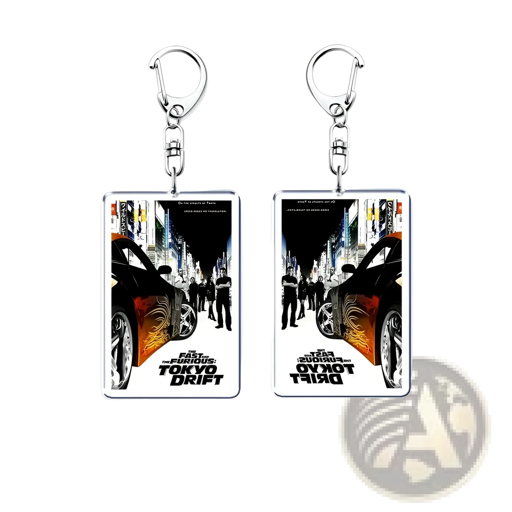 Rectangular acrylic keychain featuring the fast and the furious tokyo drift movie poster with black cars and orange flames