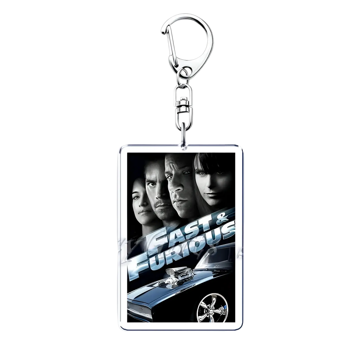 Silver rectangular acrylic keychain featuring fast & furious movie poster with black white portraits and blue car graphics