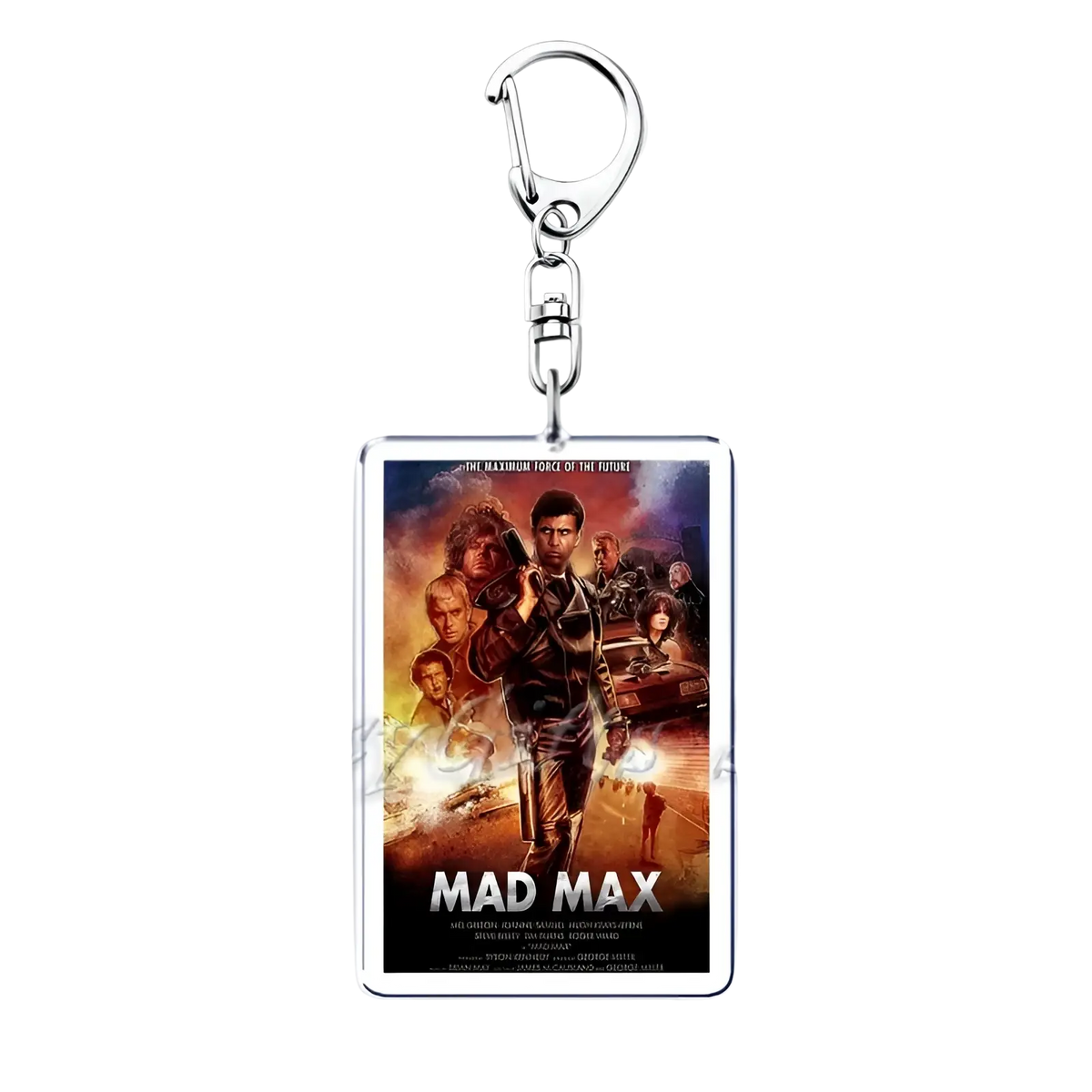 Silver-framed rectangular acrylic movie poster keychain featuring vibrant mad max design with bold white lettering