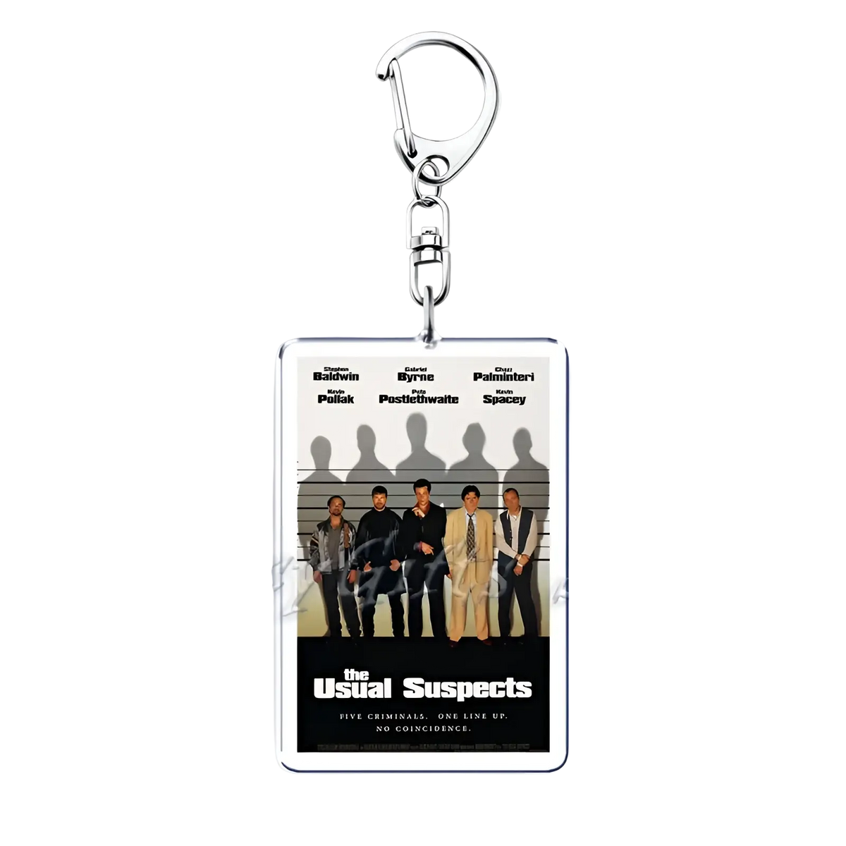 Silver metal keychain with a rectangular acrylic charm featuring the usual suspects movie poster and actors Stephen Baldwin Gabriel Byrne Charlie Sheen