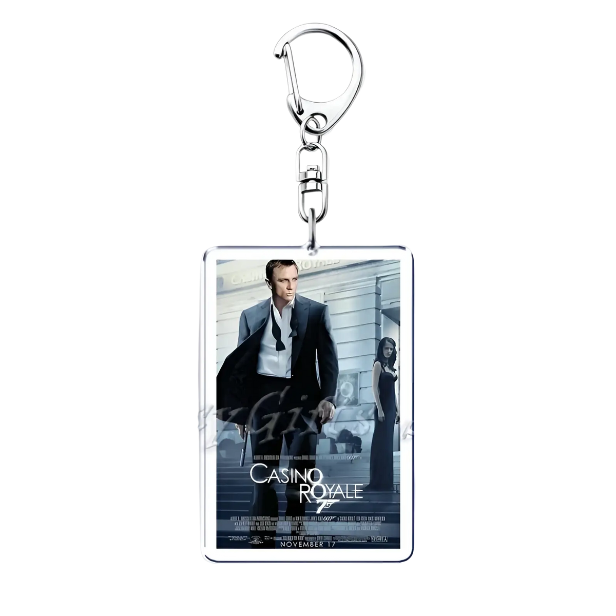 Silver metal keychain with a rectangular acrylic charm featuring the casino royale movie poster with Daniel Craig