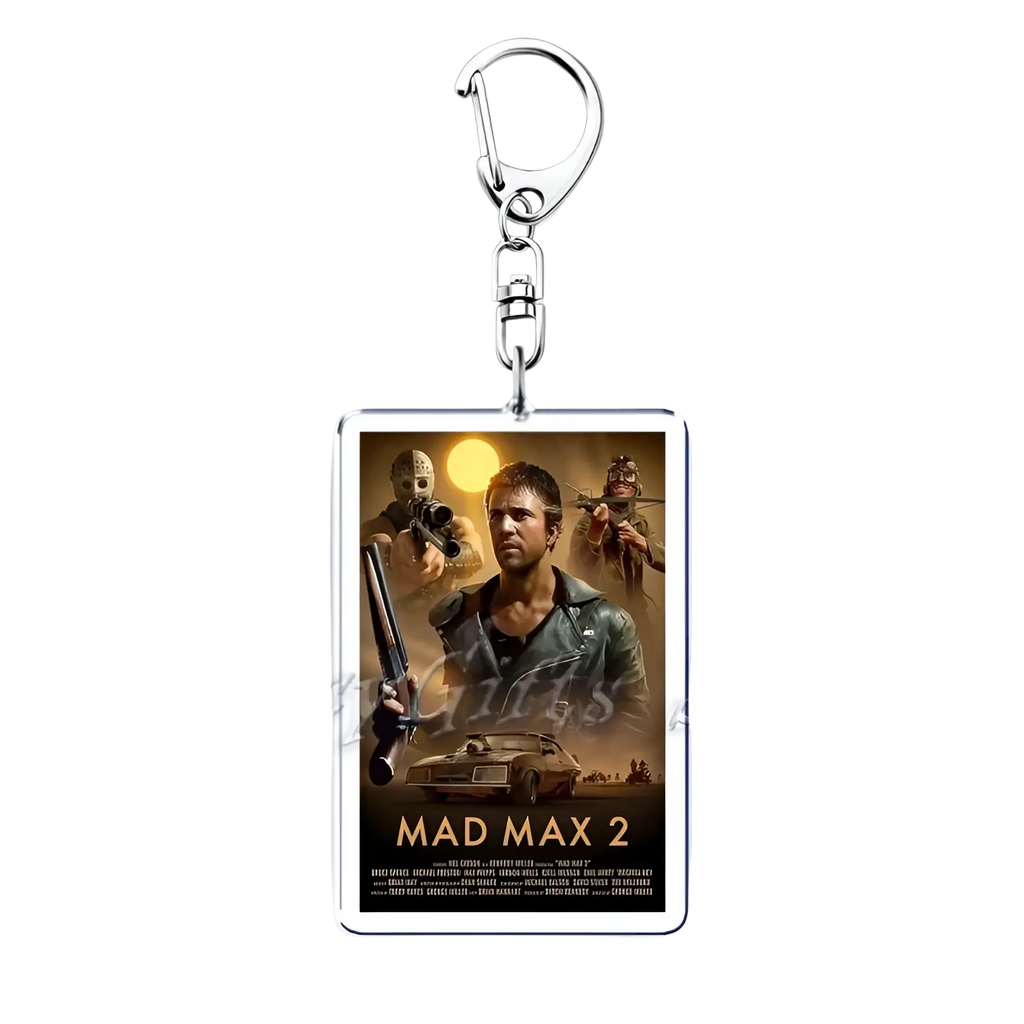 Silver metal keychain with rectangular acrylic charm featuring the official Mad Max 2 movie poster design
