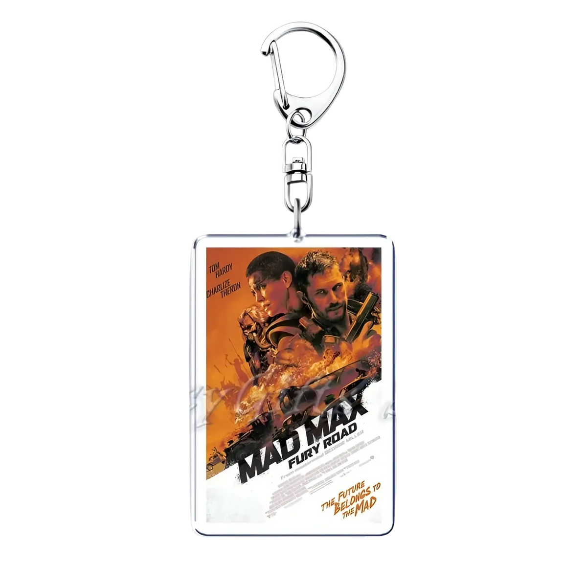 Silver metal keychain featuring a rectangular acrylic charm with mad max fury road movie poster design