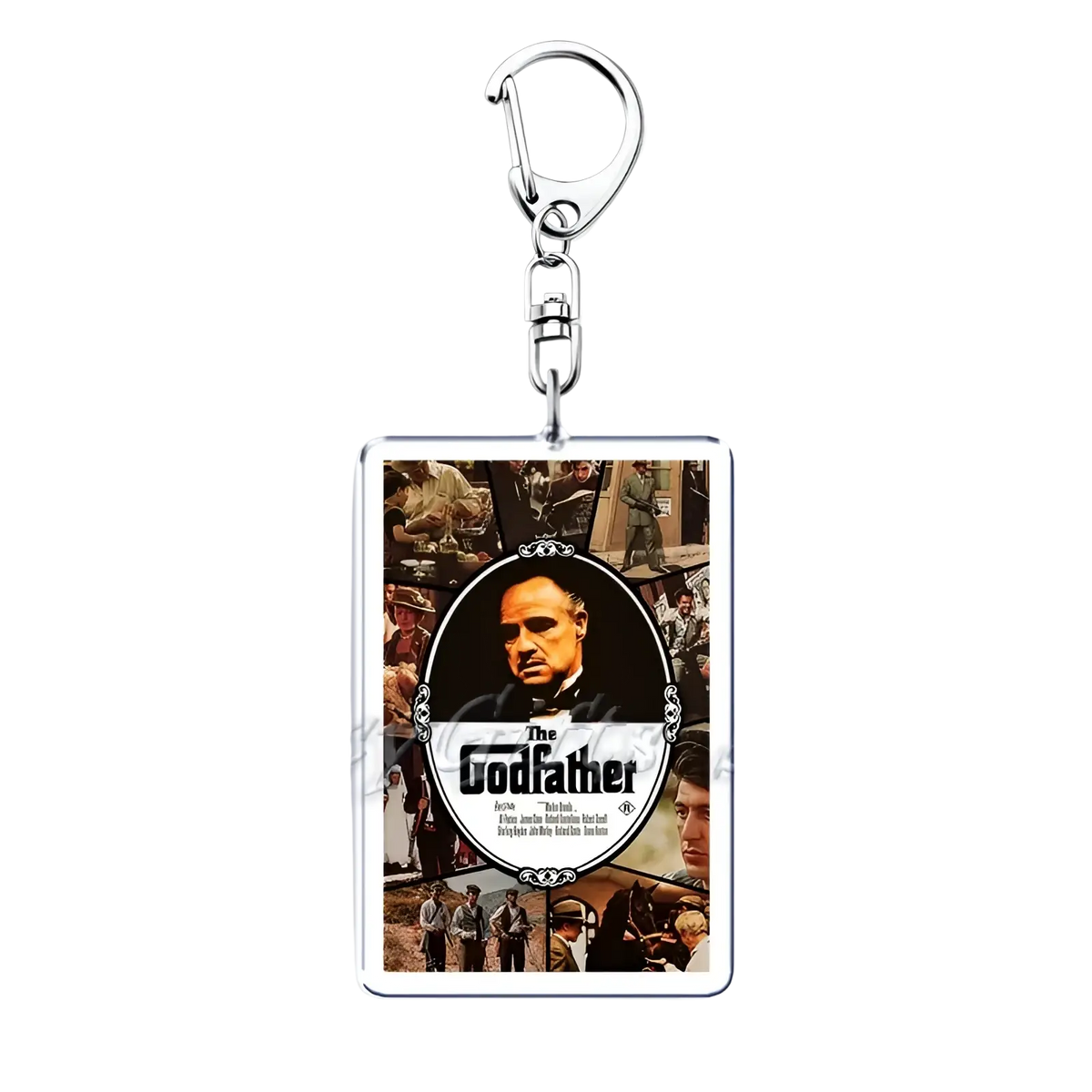 Silver rectangular acrylic keychain featuring a printed movie poster image from the Godfather in a keychain set