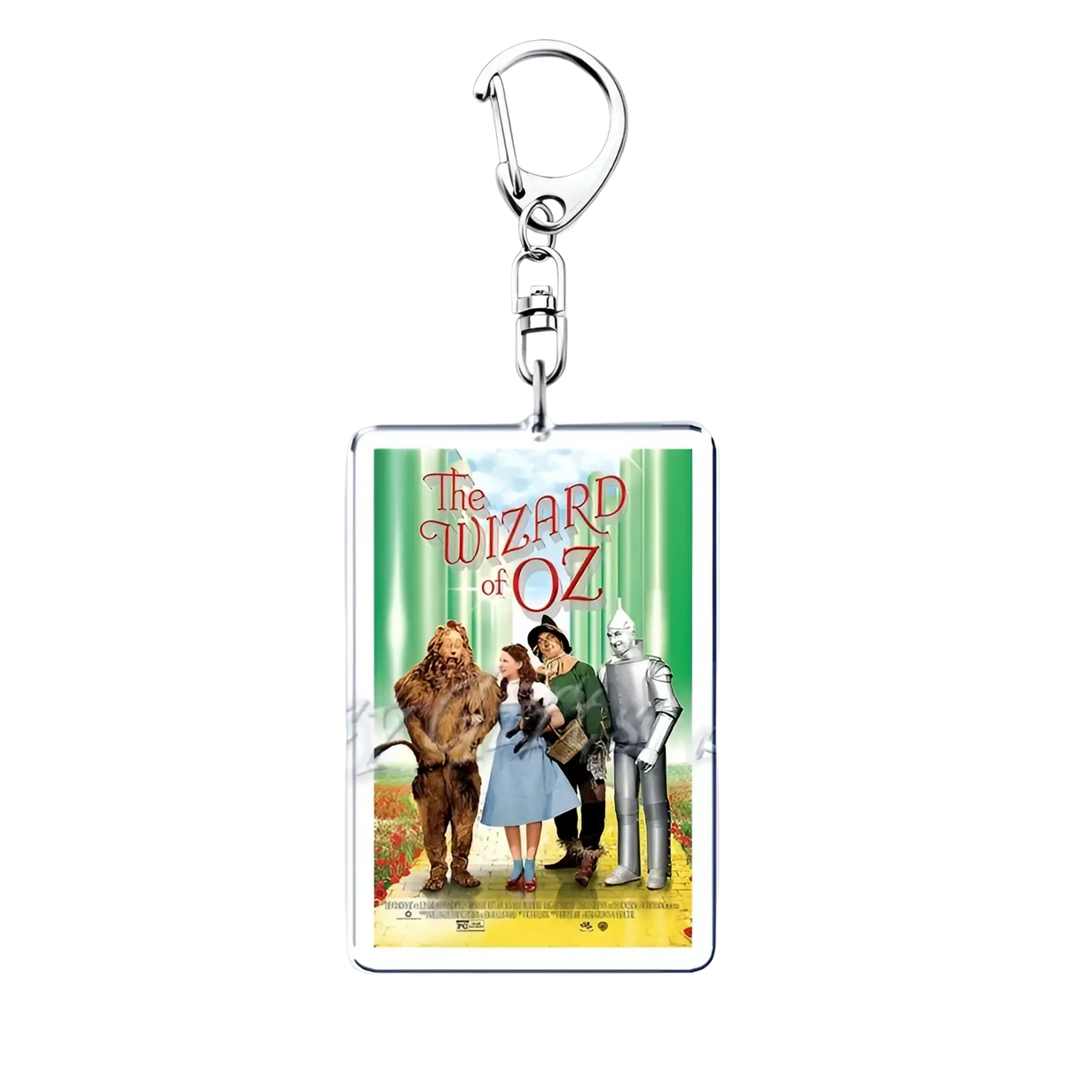 Silver acrylic rectangular keychain featuring the wizard of oz movie poster with iconic characters in a keychain set