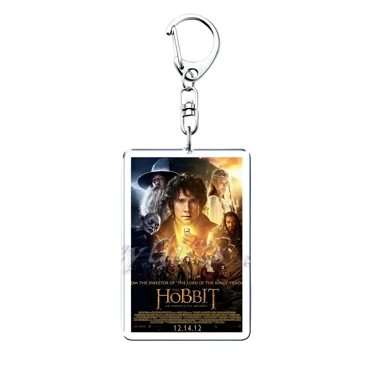 Silver rectangular acrylic keychain featuring a printed movie poster for The Hobbit an Unexpected Journey