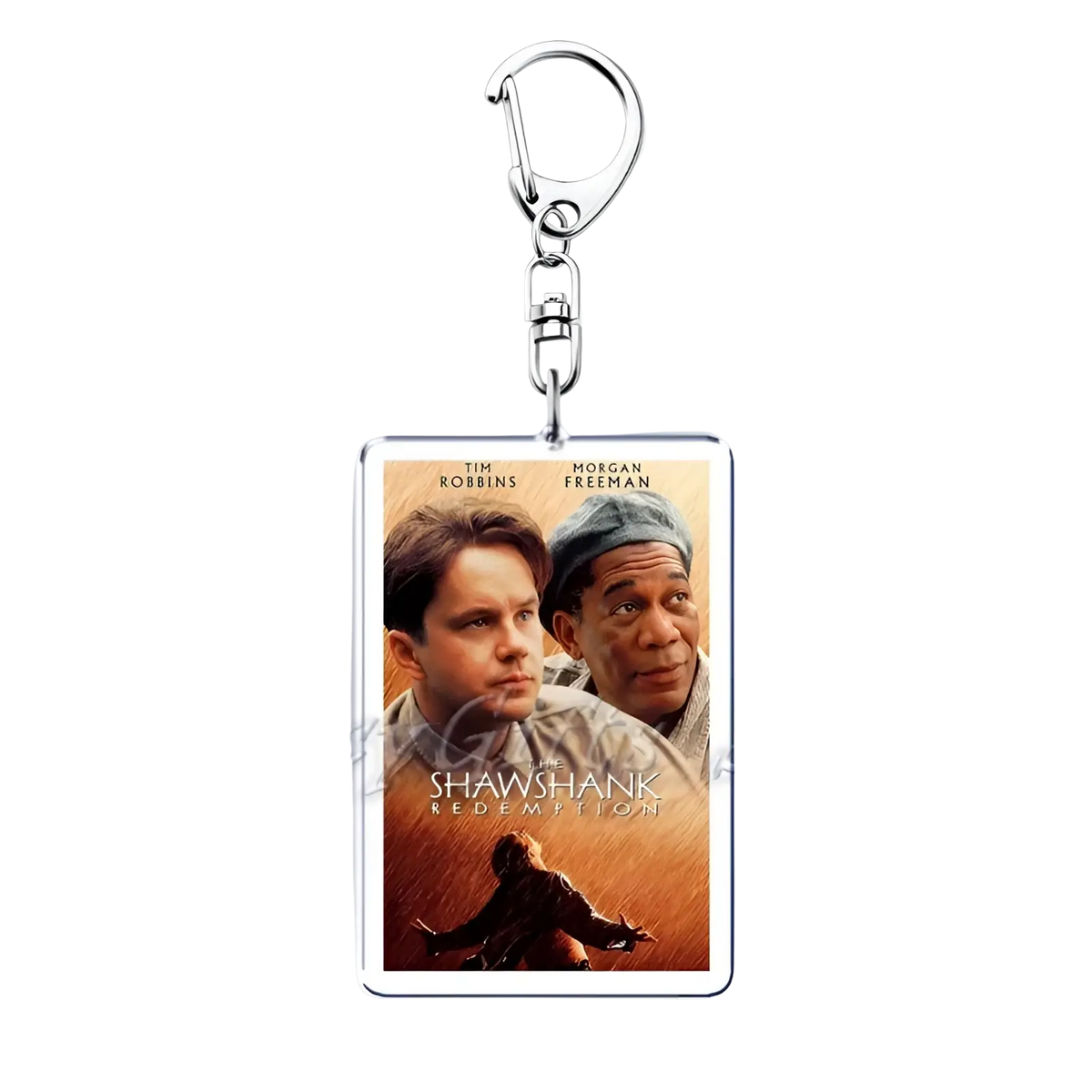 Silver rectangular acrylic keychain featuring the shawshank redemption movie poster with Tim Robbins and Morgan Freeman