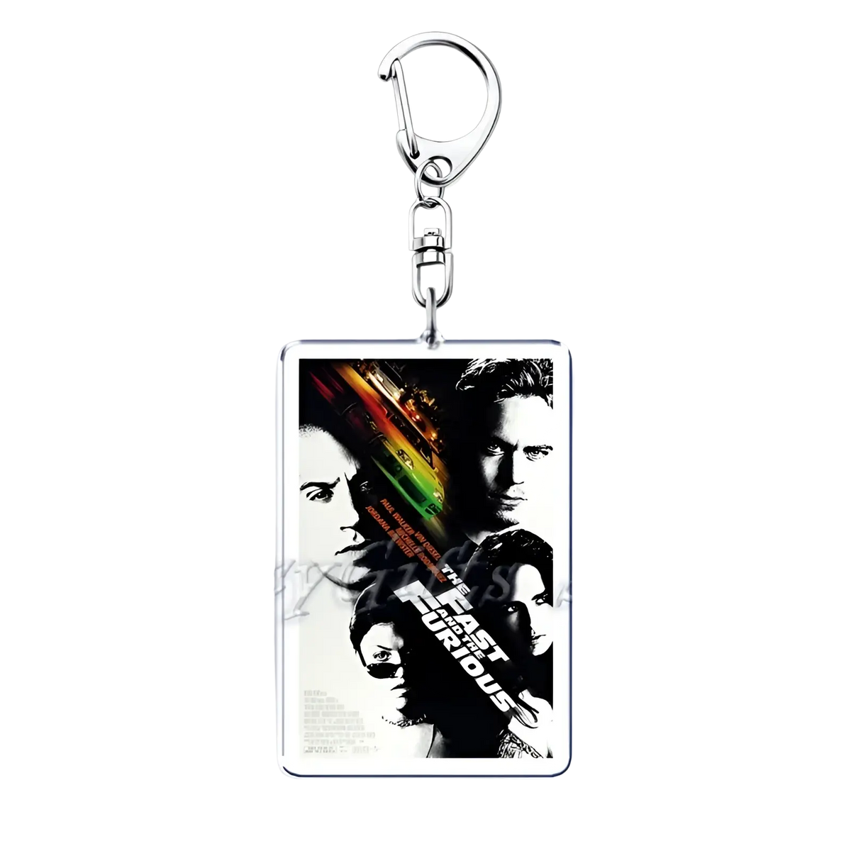 Silver acrylic rectangular keychain featuring a printed movie poster image of The Fast and the Furious