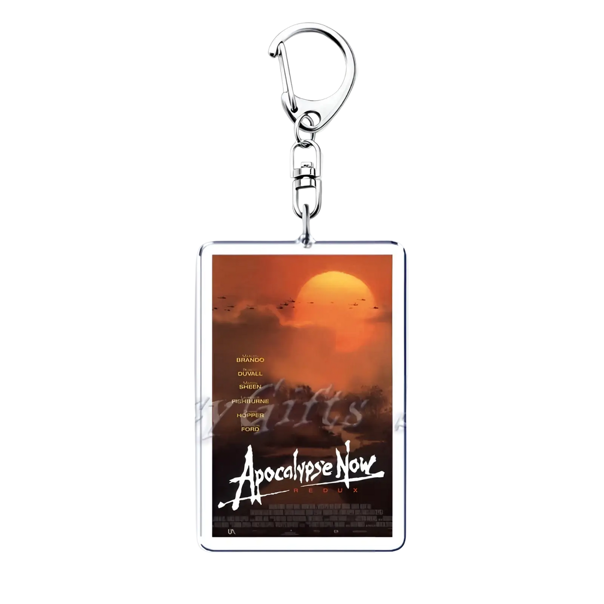 Silver rectangular acrylic keychain featuring the apocalypse now redux movie poster with fiery orange sunset and birds