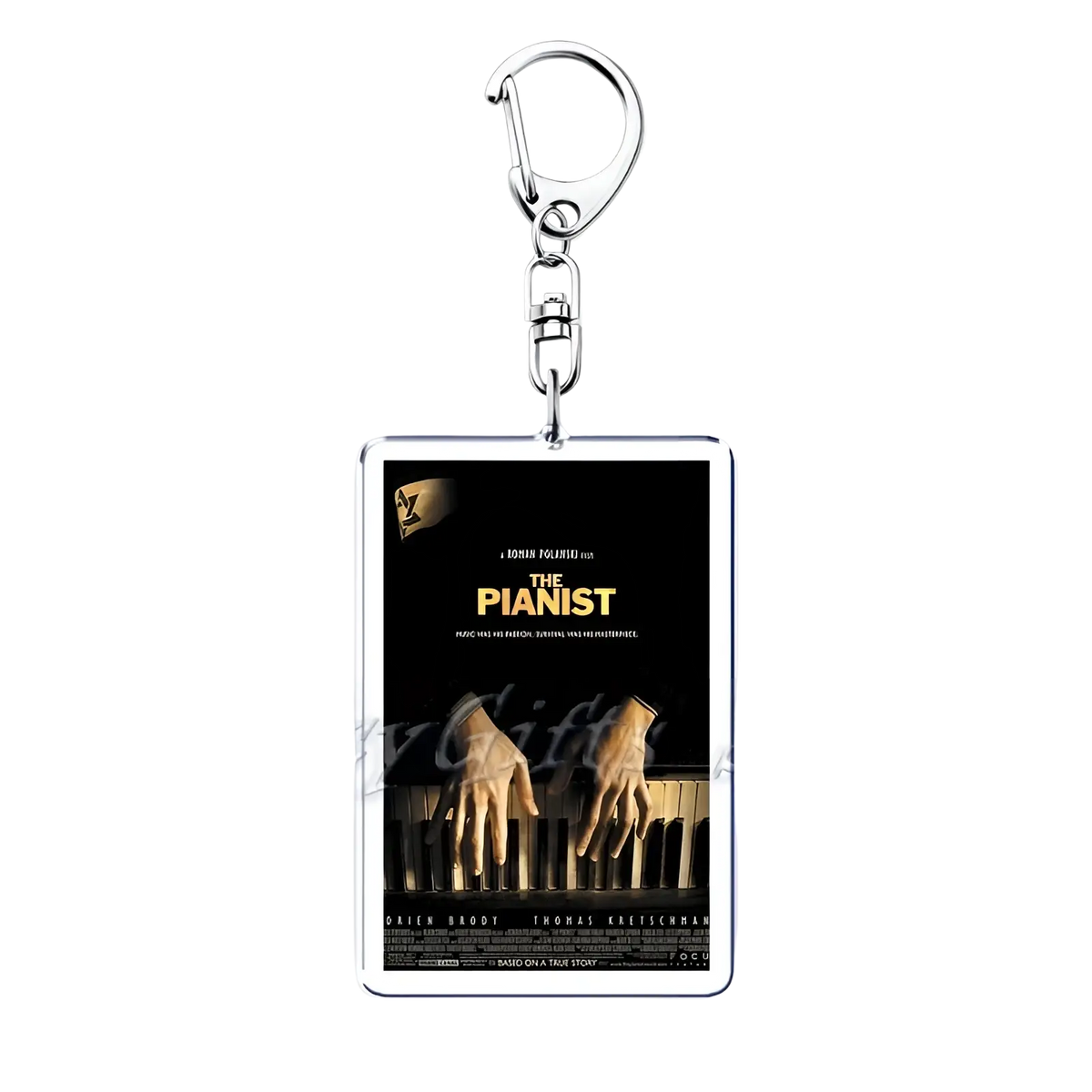 Silver rectangular acrylic keychain featuring a movie poster of the pianist with black background and gold text