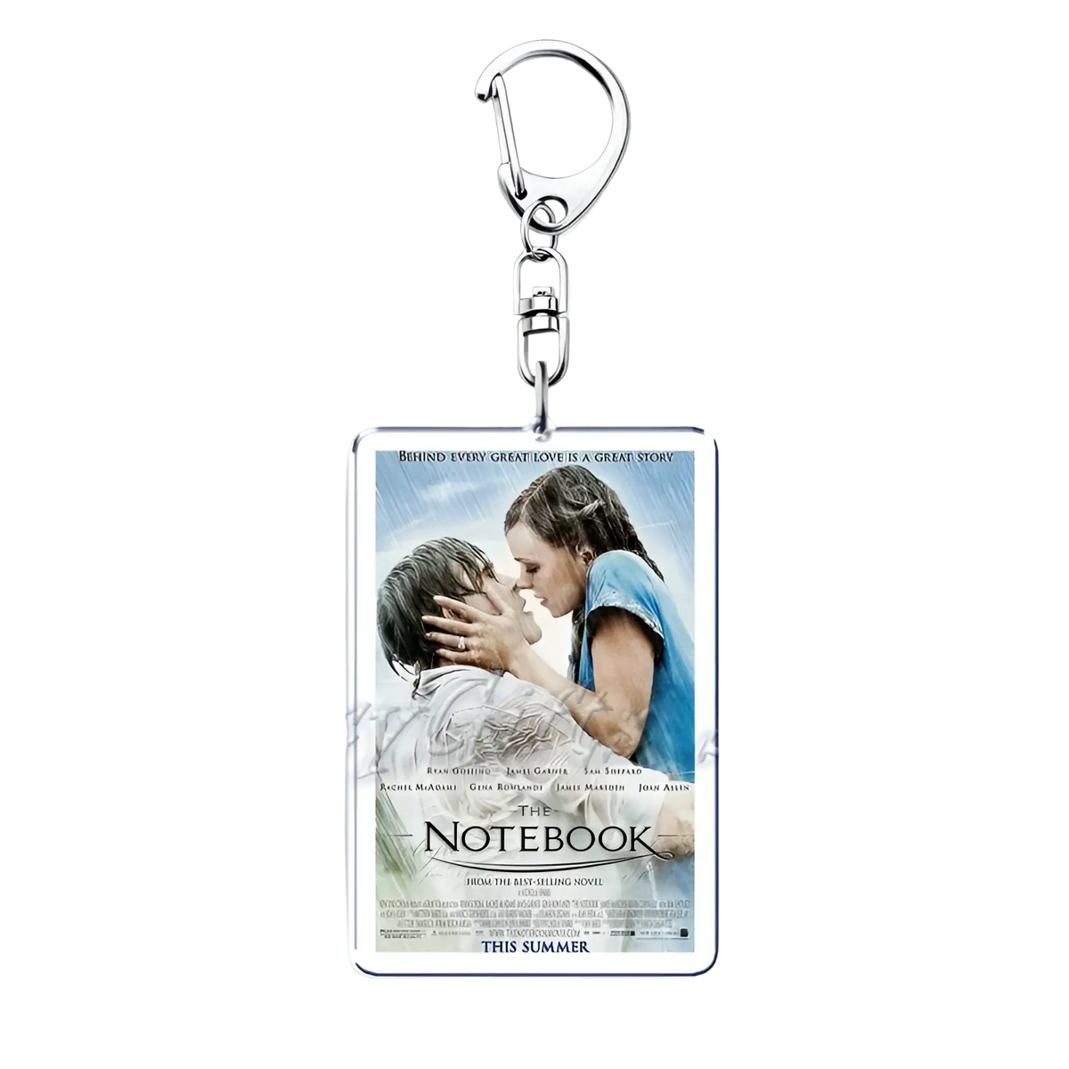 Silver rectangular acrylic keychain featuring a printed movie poster of The Notebook with Ryan Gosling and Rachel McAdams