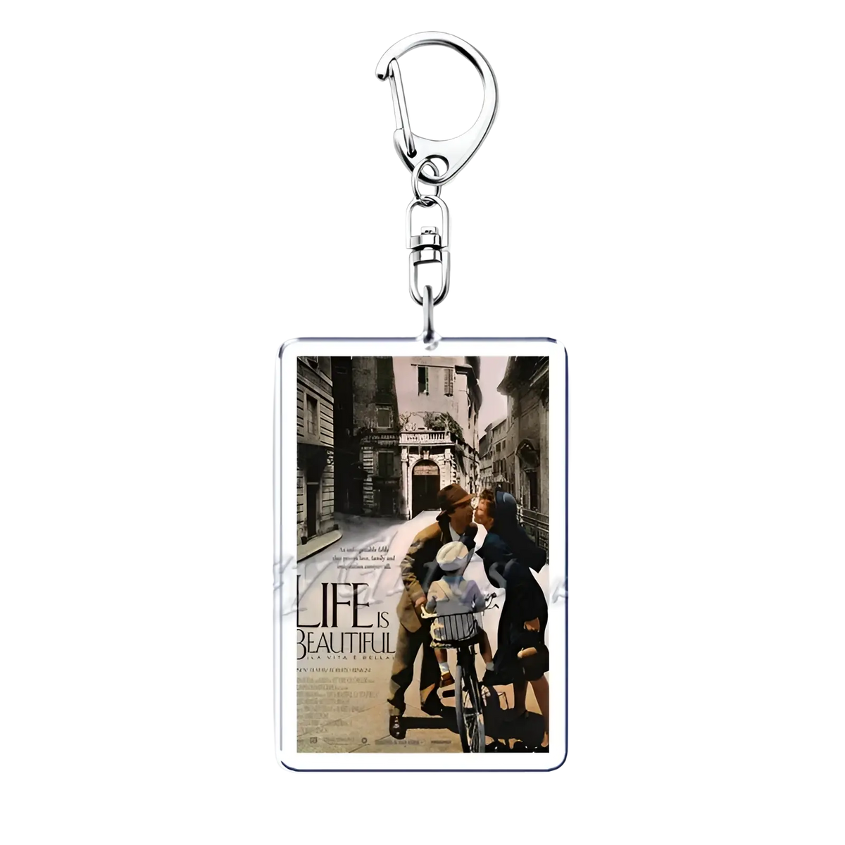 Silver rectangular acrylic keychain featuring a printed life is beautiful movie poster from movie poster acrylic keychain set