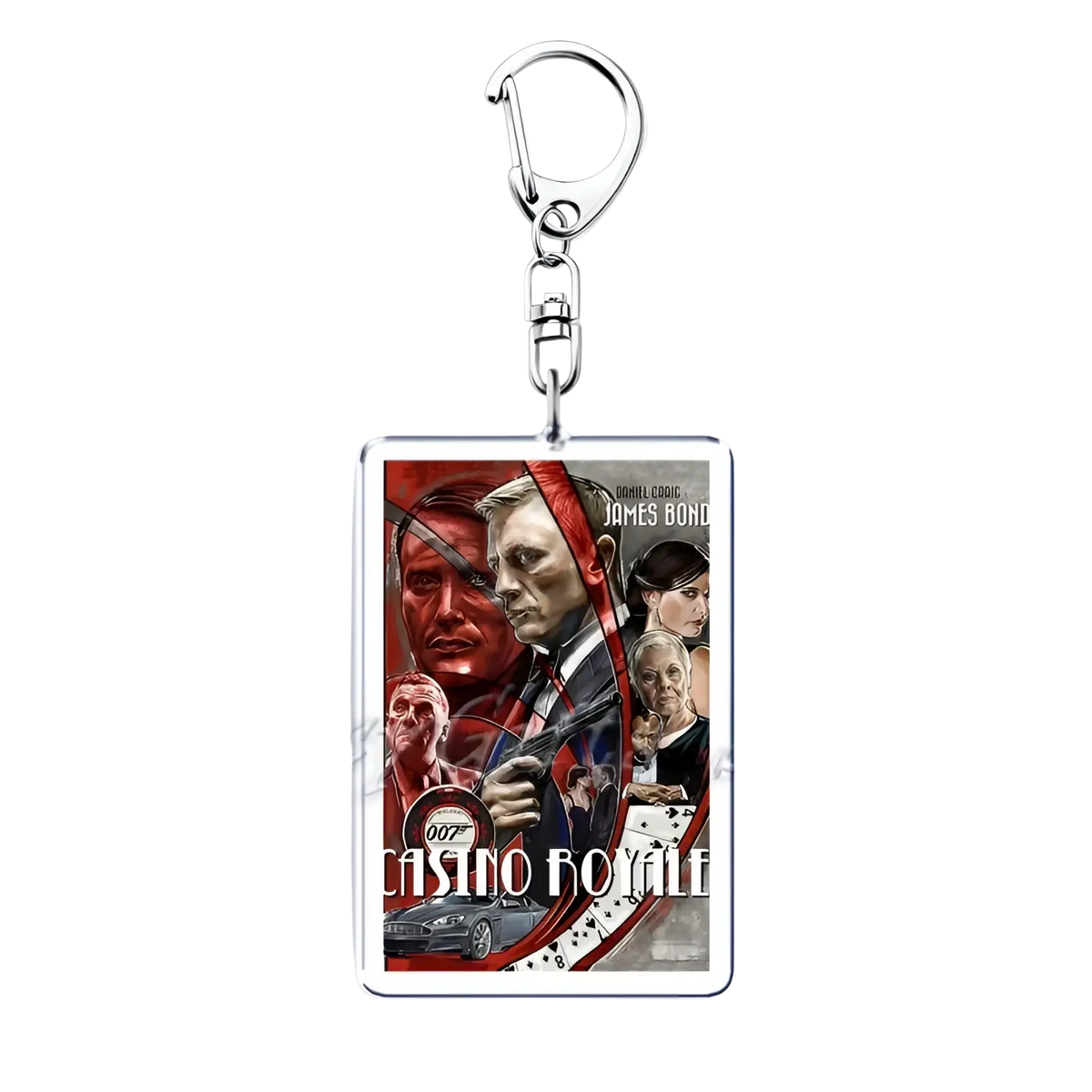 Silver rectangular acrylic keychain featuring vibrant red and black casino royale movie poster design with daniel craig as bond