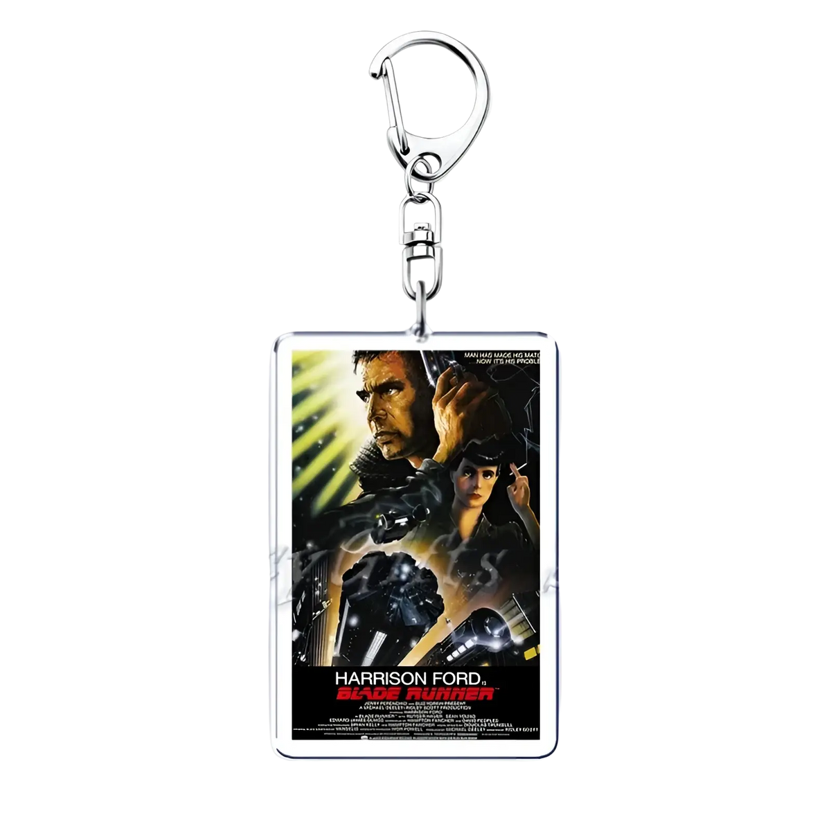 Silver rectangular acrylic keychain featuring a printed blade runner movie poster with harrison ford from the movie poster acrylic keychain set