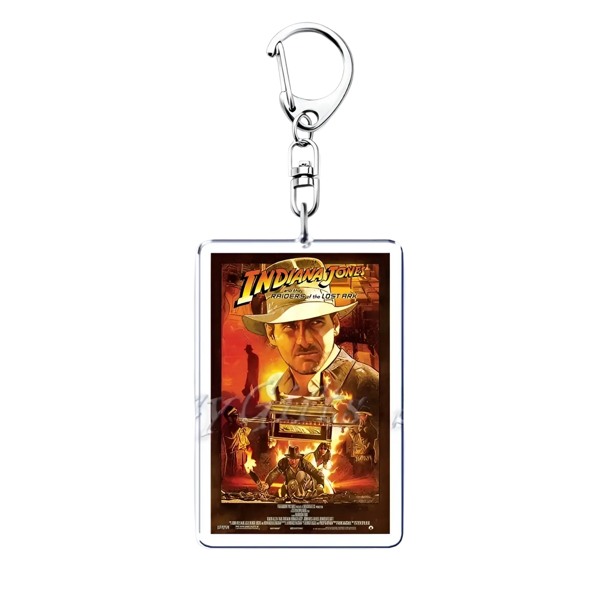 Silver rectangular acrylic keychain featuring a vibrant indiana jones raiders of the lost ark movie poster design