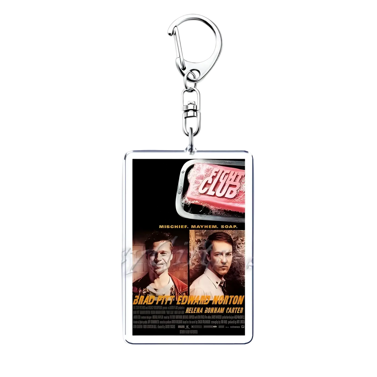 Silver rectangular acrylic keychain featuring a printed fight club movie poster with Brad Pitt and Edward Norton