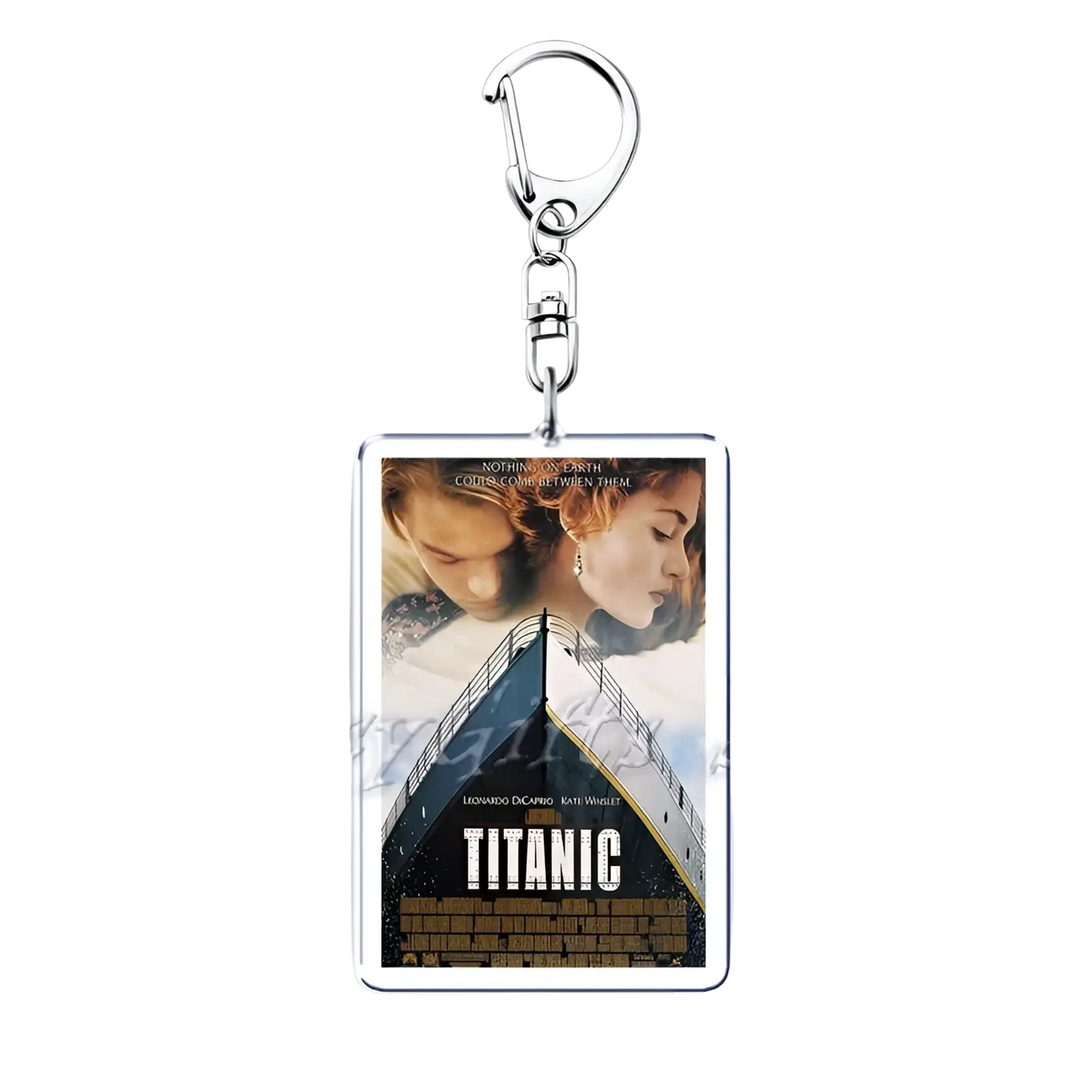 Silver rectangular acrylic movie poster keychain featuring titanic with Leonardo DiCaprio and Kate Winslet