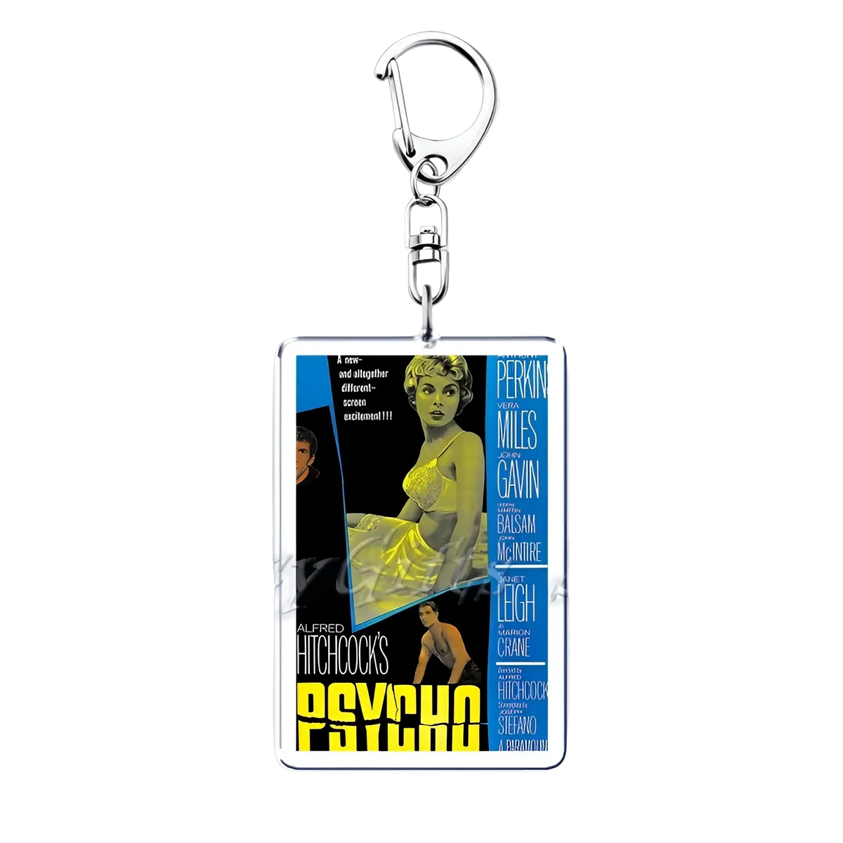 Silver rectangular acrylic keychain featuring a vintage Alfred Hitchcock psycho movie poster with bold yellow and blue design