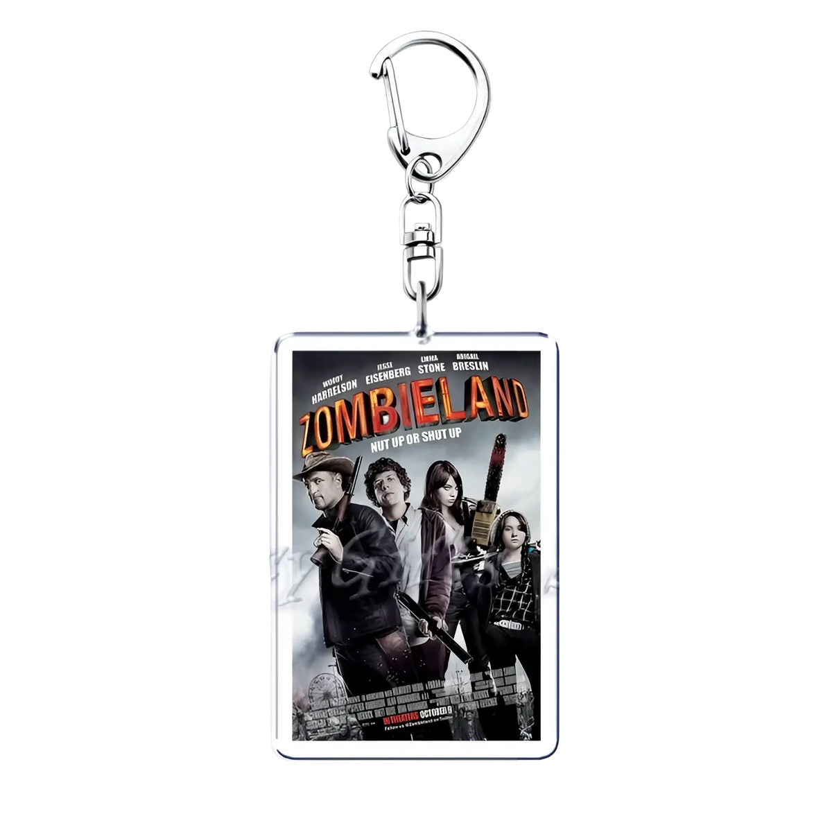 Silver rectangular acrylic keychain with zombieland nut up or shut up movie poster and main characters holding weapons