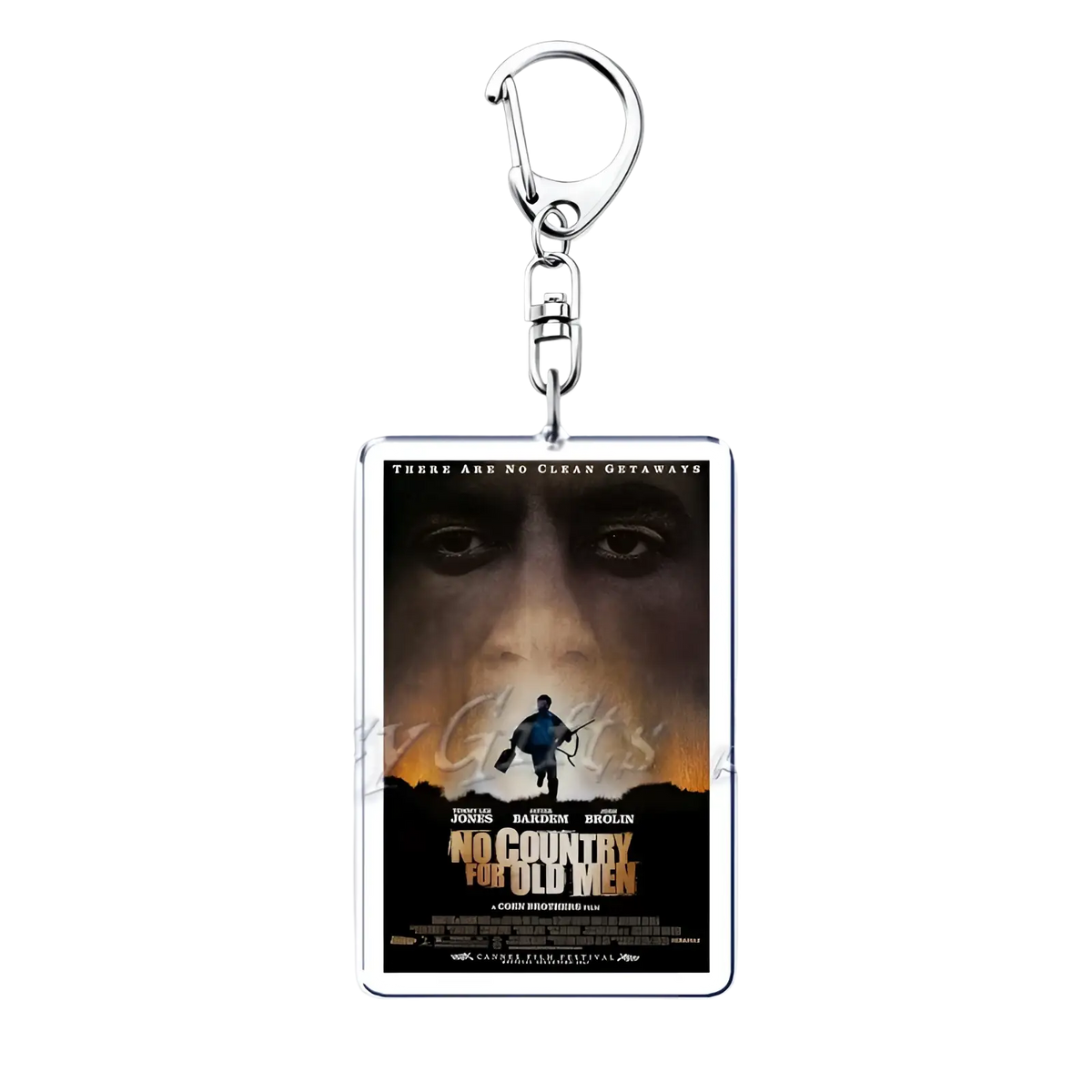 Silver rectangular acrylic keychain featuring a printed no country for old men movie poster with dark tones and main character face