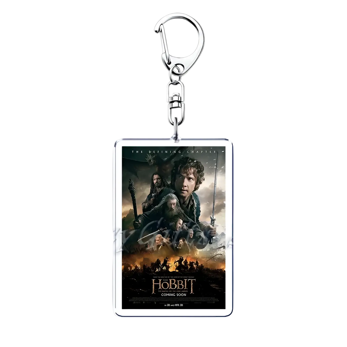 Silver rectangular acrylic keychain featuring a printed movie poster for the hobbit the defining chapter in a keychain set