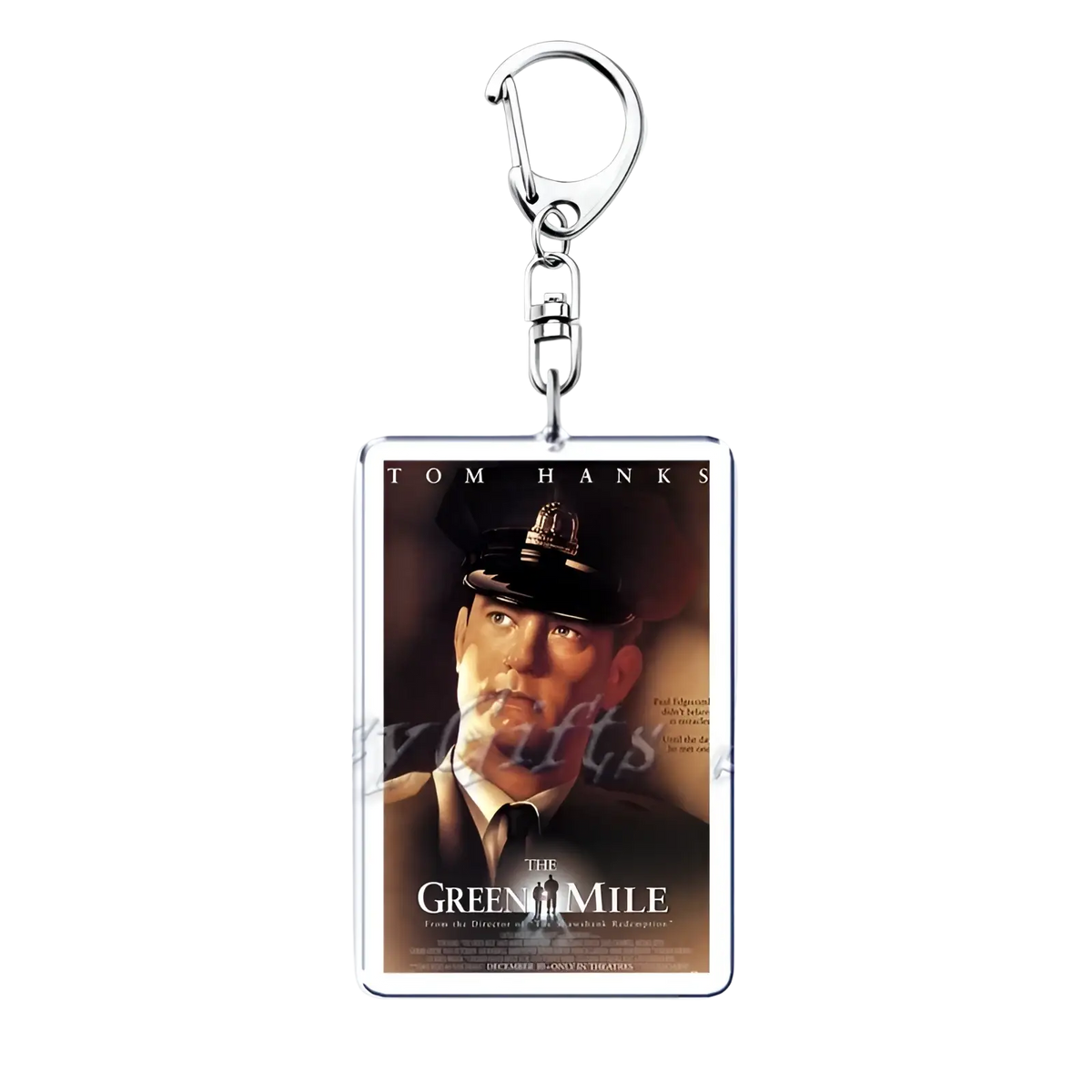 Silver rectangular acrylic keychain featuring a printed movie poster of the green mile with tom hanks in uniform