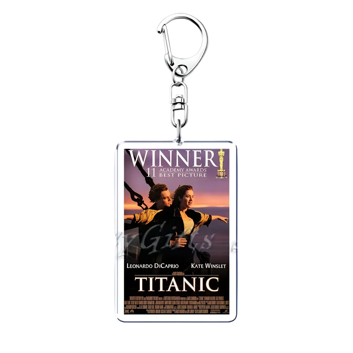 Silver rectangular acrylic keychain featuring a printed titanic movie poster with Leonardo DiCaprio and Kate Winslet