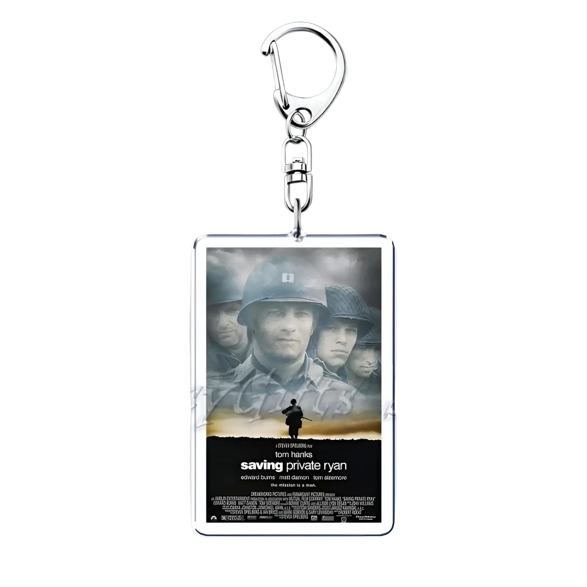Silver acrylic rectangular keychain featuring a printed saving private ryan movie poster with tom hanks in military gear