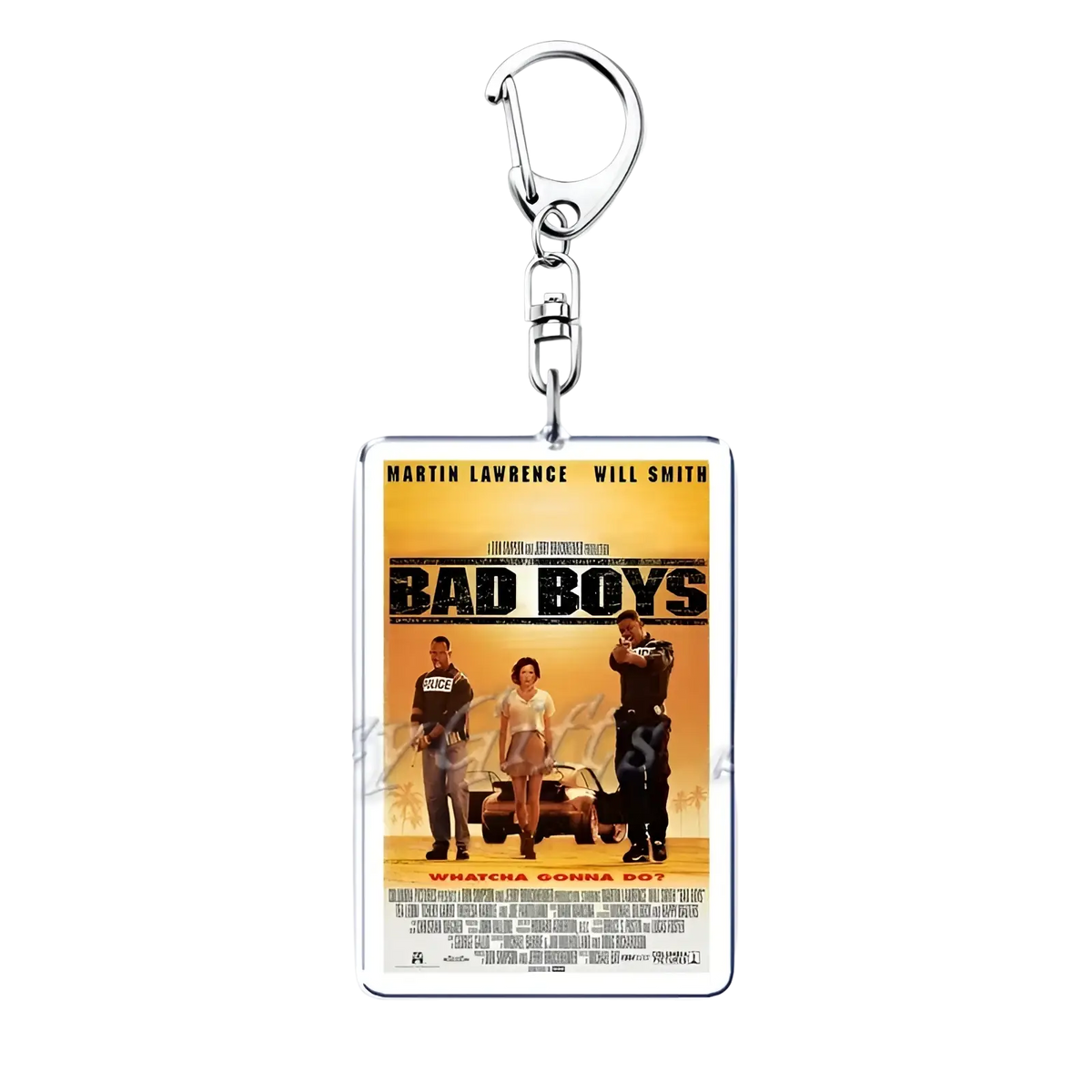 Silver rectangular acrylic keychain featuring a printed bad boys movie poster with martin lawrence and will smith