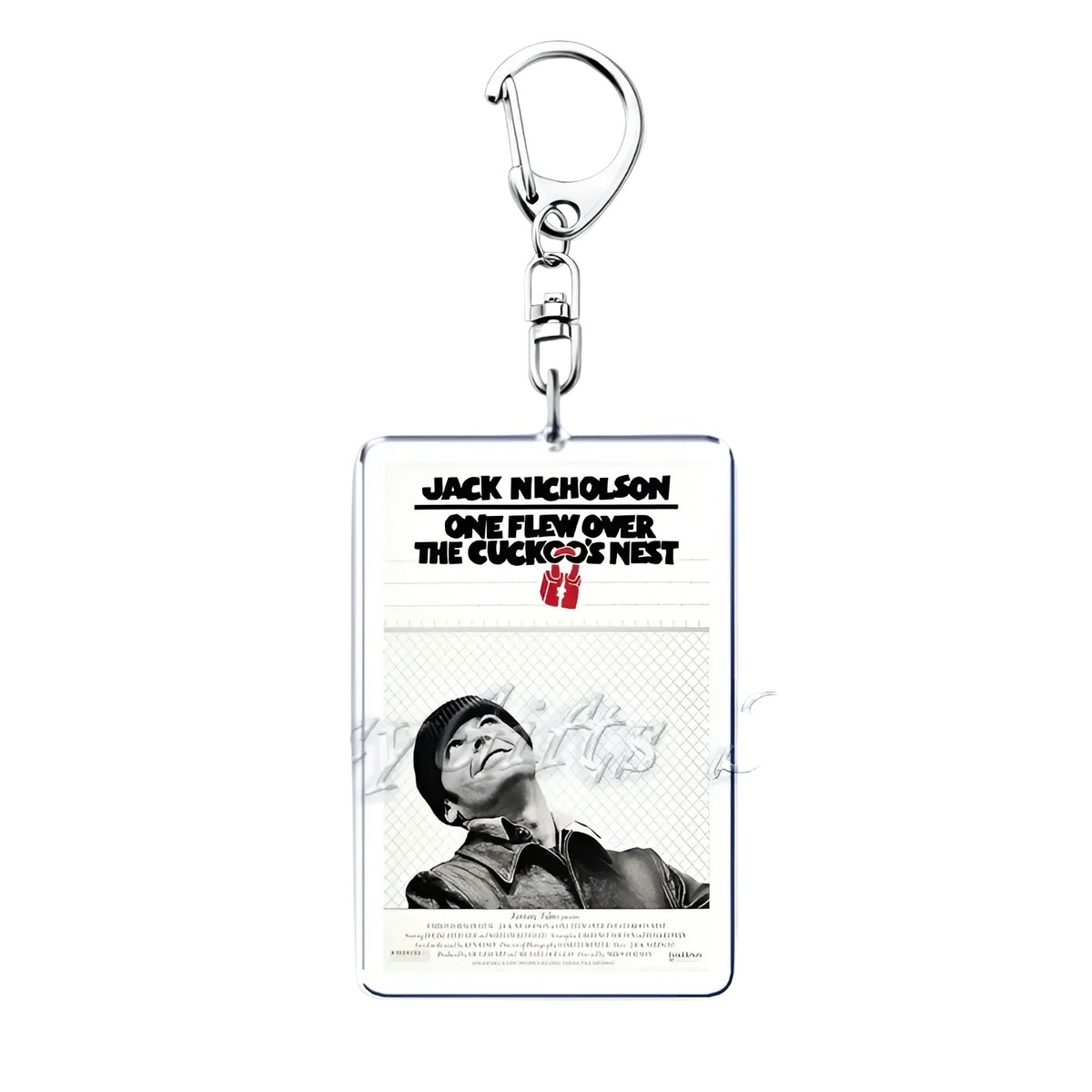 Silver rectangular acrylic keychain featuring black and white one flew over the cuckoos nest movie poster with jack nicholson