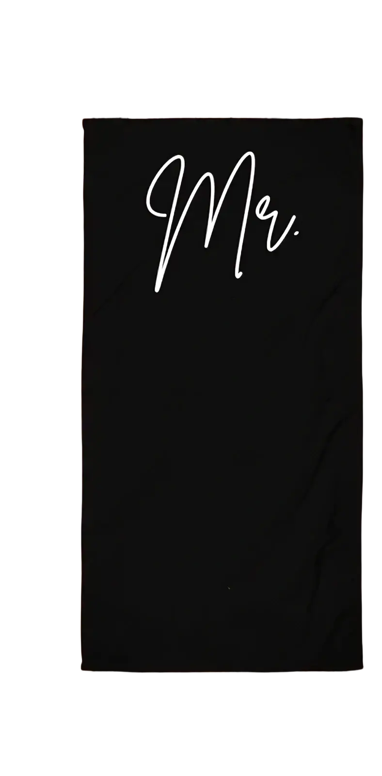 Black beach towel made of soft cotton with white cursive mr lettering designed for honeymoon wedding gifts