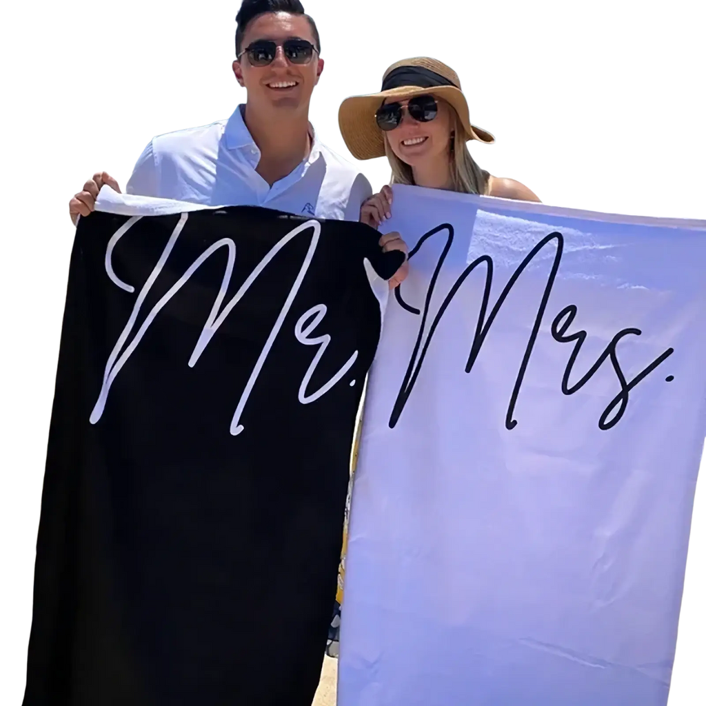 Black and white mr beach towel made of soft cotton ideal as a honeymoon wedding gift for couples at the beach