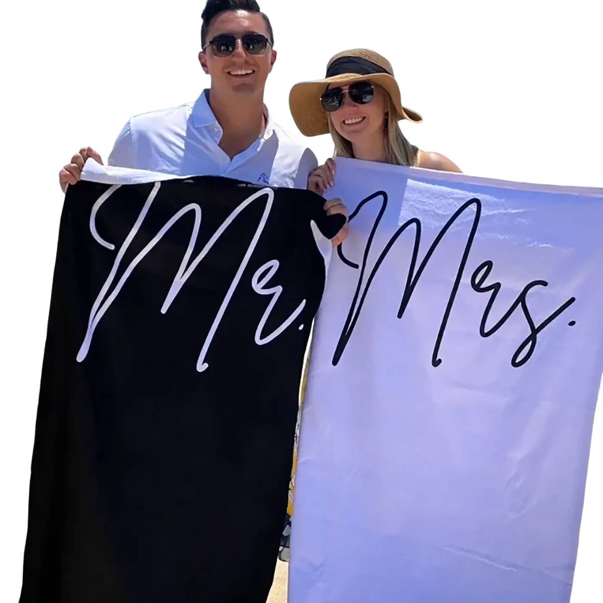 Black and white mr beach towel made of soft cotton ideal as a honeymoon wedding gift for couples at the beach