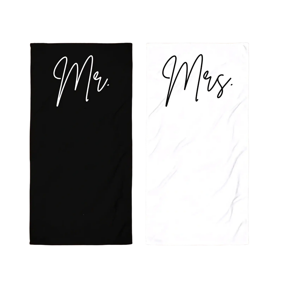 Black and white cotton beach towels with mr and mrs elegant cursive print perfect honeymoon wedding gift