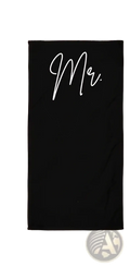 Black beach towel made of soft cotton with white cursive mr lettering designed for honeymoon wedding gifts
