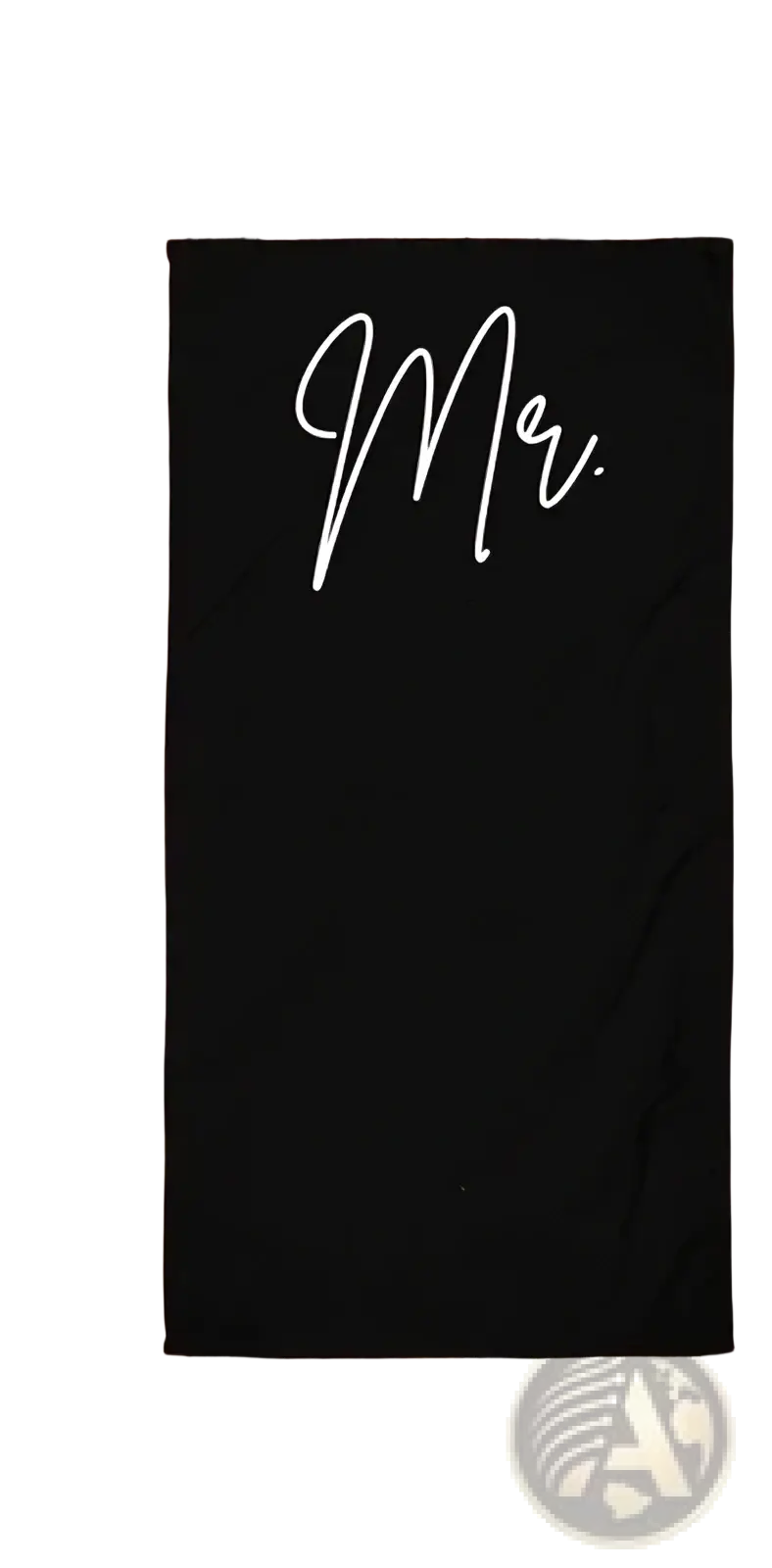 Black beach towel made of soft cotton with white cursive mr lettering designed for honeymoon wedding gifts