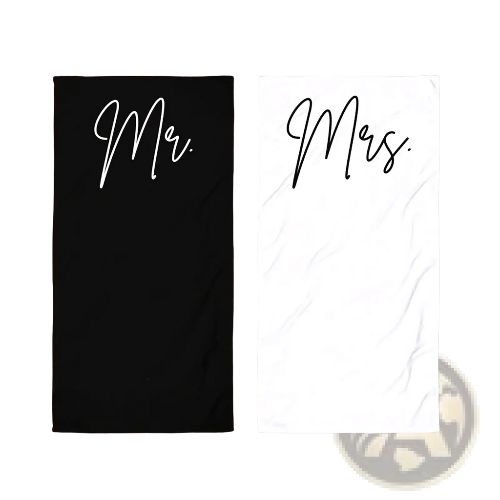 Black and white cotton beach towels with mr and mrs elegant cursive print perfect honeymoon wedding gift