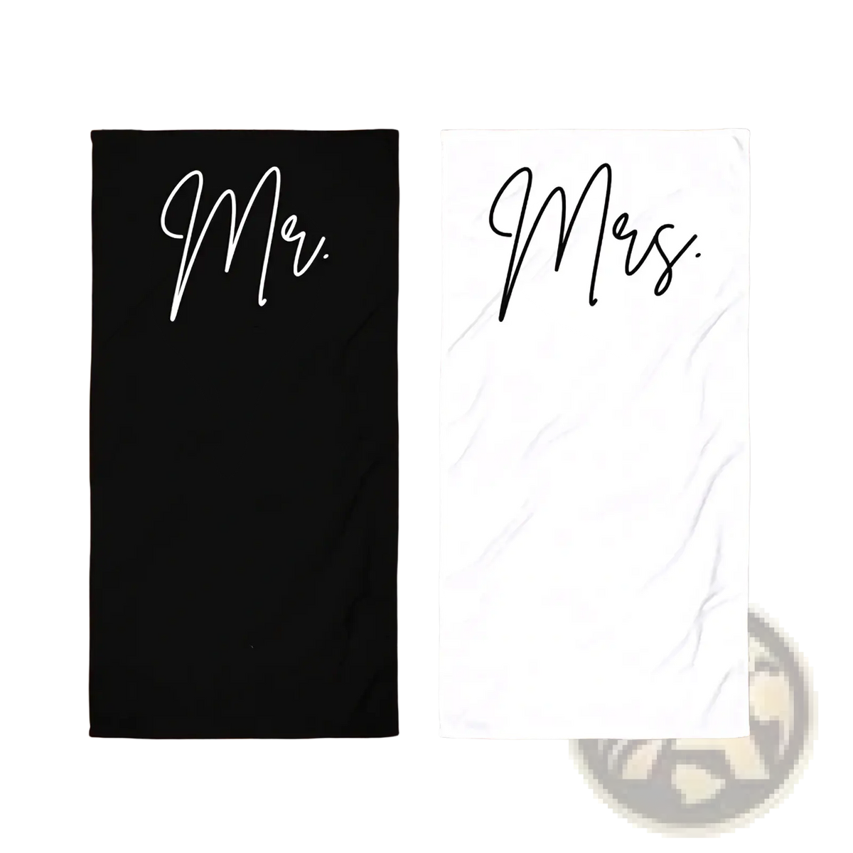 Black and white cotton beach towels with mr and mrs elegant cursive print perfect honeymoon wedding gift