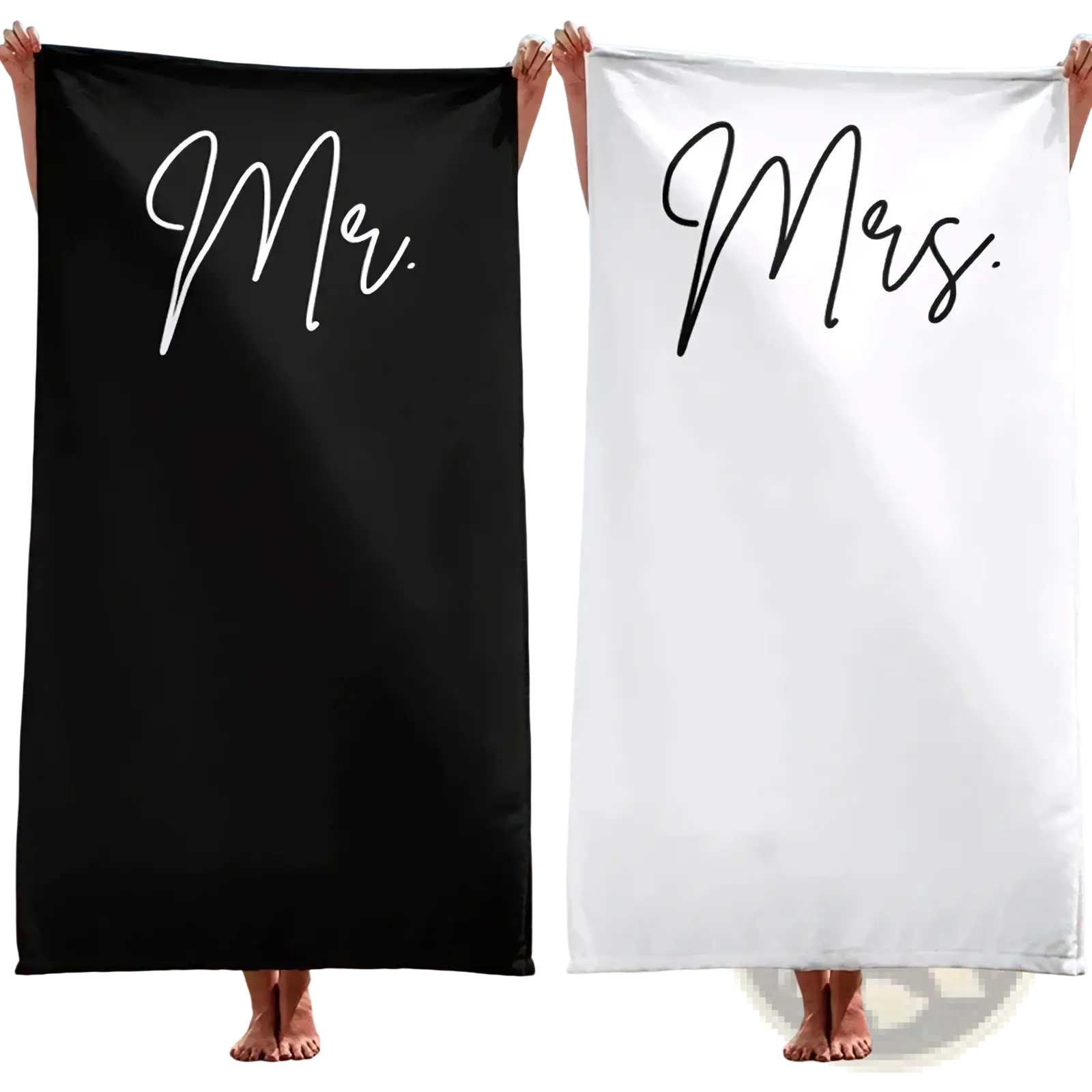 Black and white cotton beach towels with mr and mrs printed in elegant cursive for honeymoon wedding gift