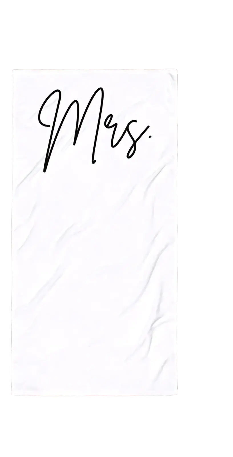 White cotton beach towel with black cursive mrs printed, ideal honeymoon wedding gift set with mr and mrs design