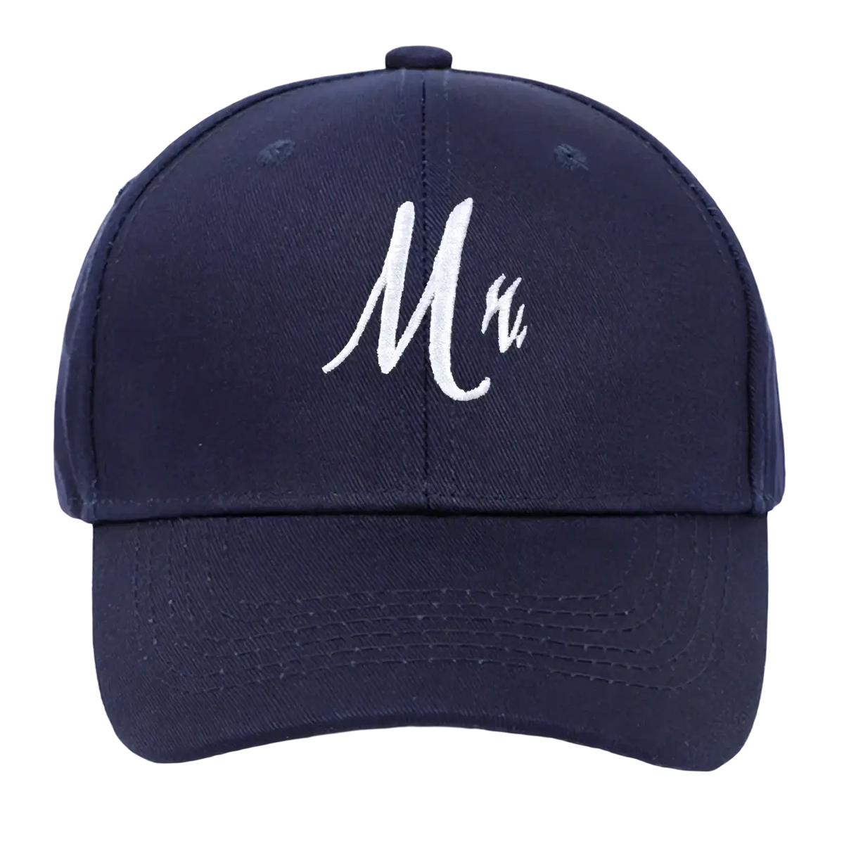 Navy blue baseball cap with white embroidered mr script from mr and mrs couple embroidered parent hats
