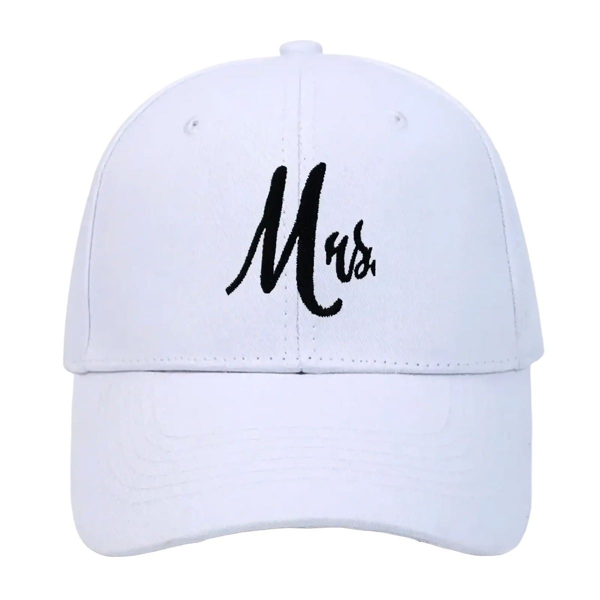 White cotton baseball cap with black embroidered mrs in cursive from mr and mrs couple parent hats collection