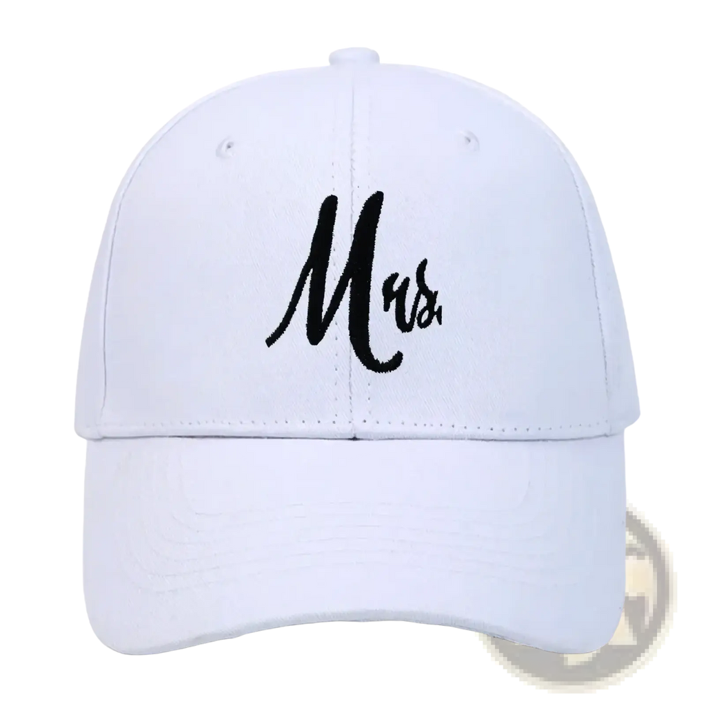 White cotton baseball cap with black embroidered mrs in cursive from mr and mrs couple parent hats collection