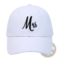 White cotton baseball cap with black embroidered mrs in cursive from mr and mrs couple parent hats collection