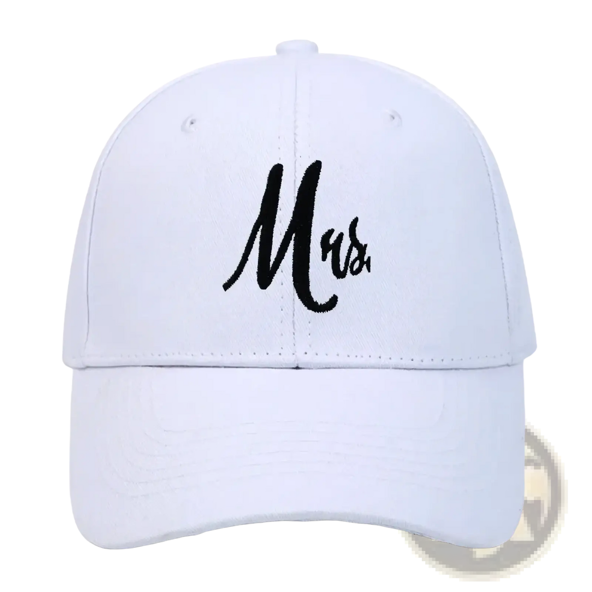 White cotton baseball cap with black embroidered mrs in cursive from mr and mrs couple parent hats collection
