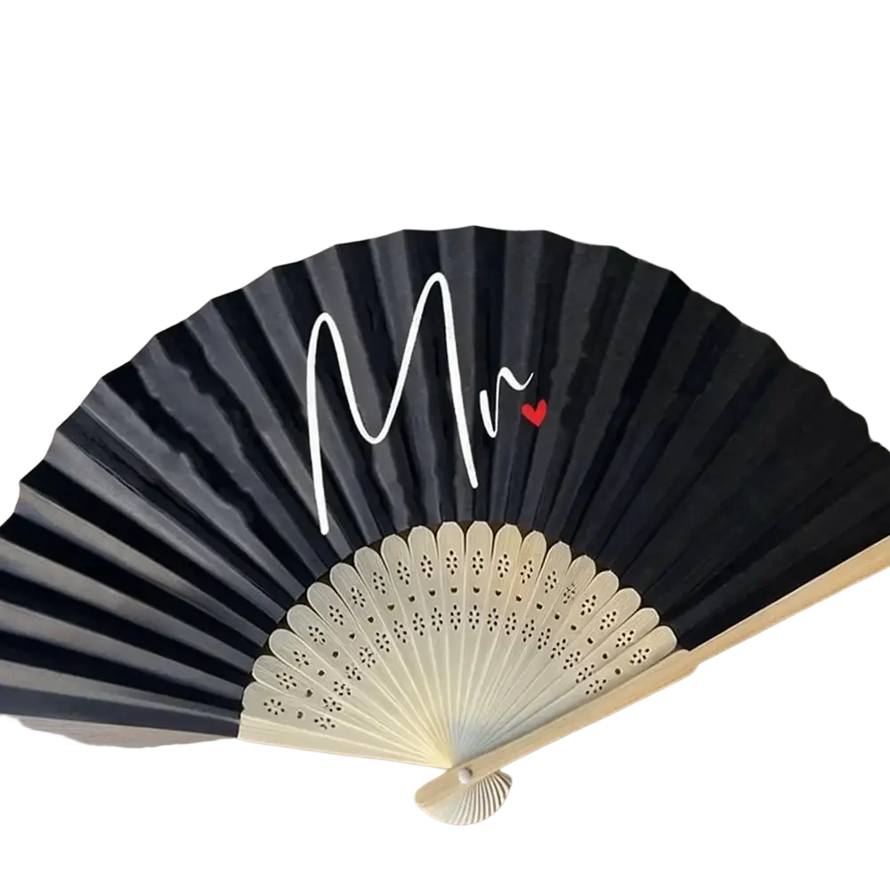 Black and cream folding fan with mr scripted in white and a red heart for mr and mrs wedding hand fan gift