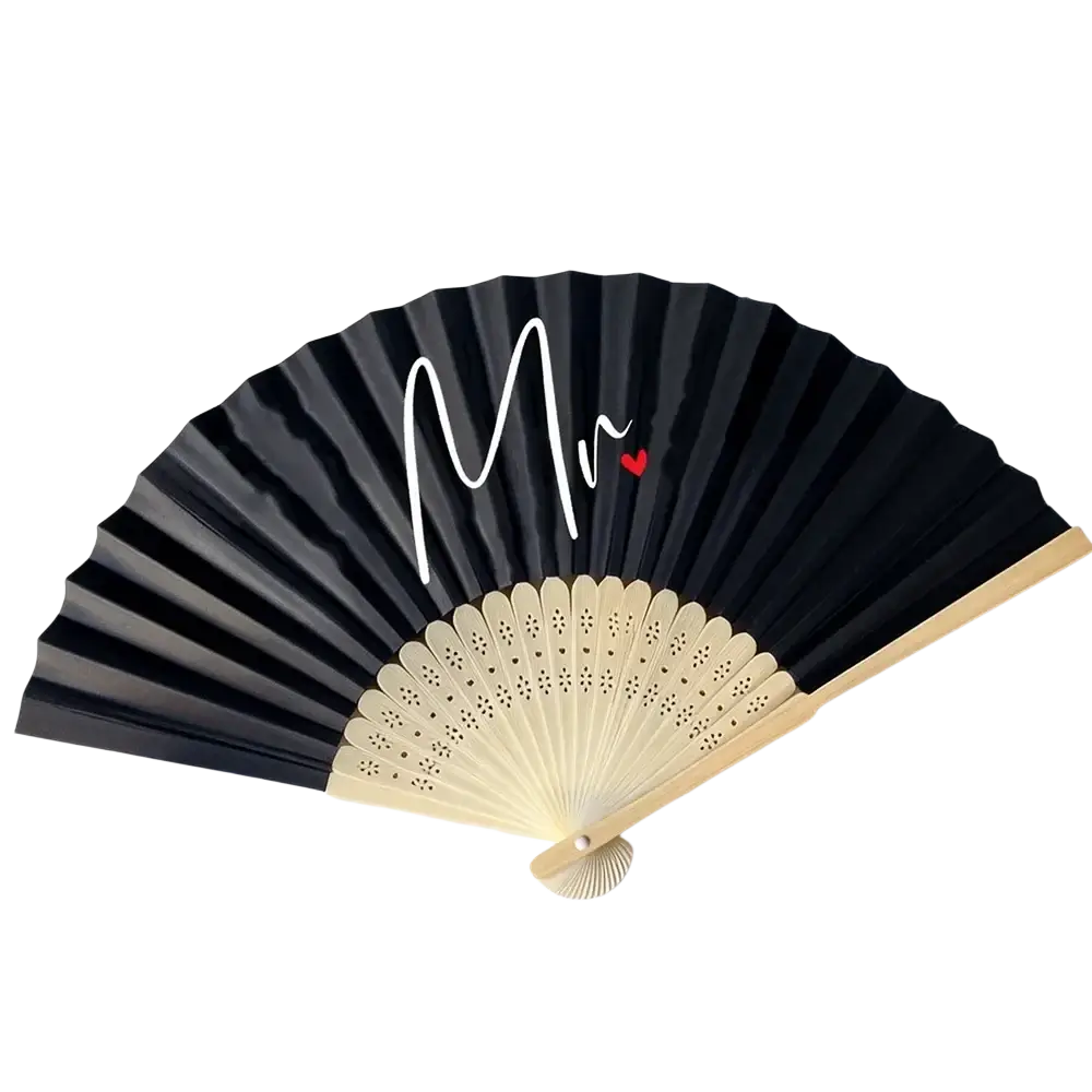 Black and cream folding hand fan with white cursive mr and red heart for mr and mrs wedding gift couple set